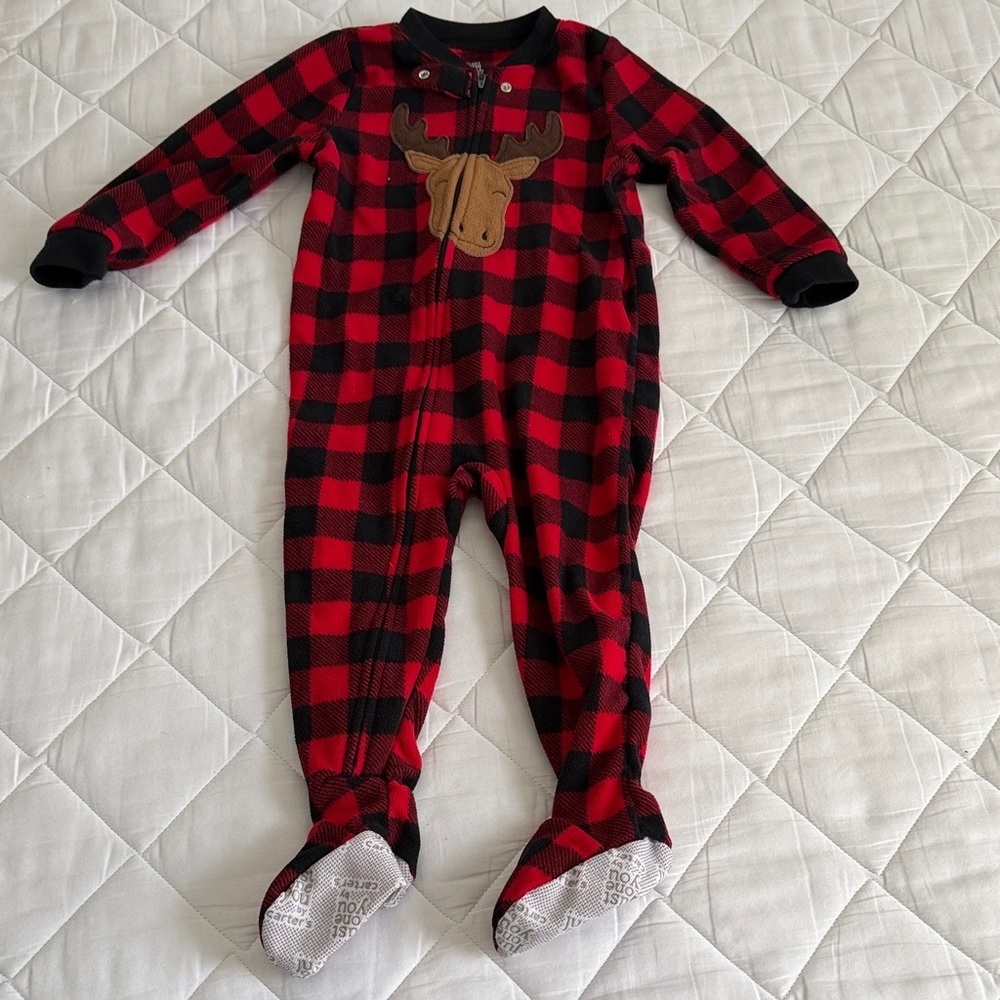 Carter's Red and Black Plaid Moose Footie size 2T